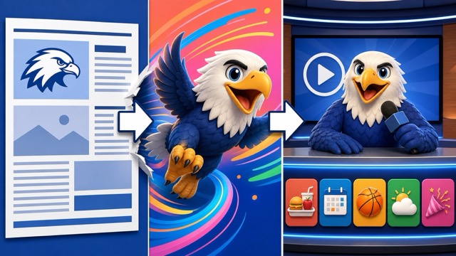School website mascot transformed into an animated school news video host